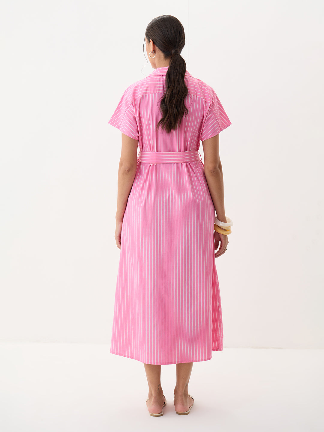 Pink Stripe Button Down Calf Length Dress