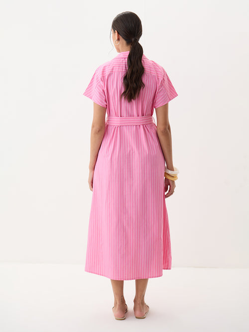 Pink Stripe Button Down Calf Length Dress