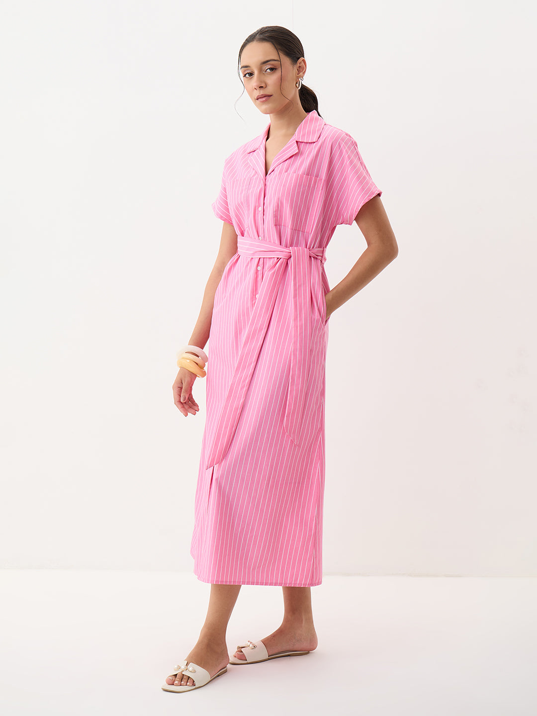 Pink Stripe Button Down Calf Length Dress