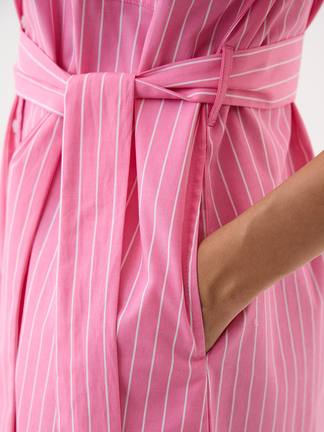 Pink Stripe Button Down Calf Length Dress
