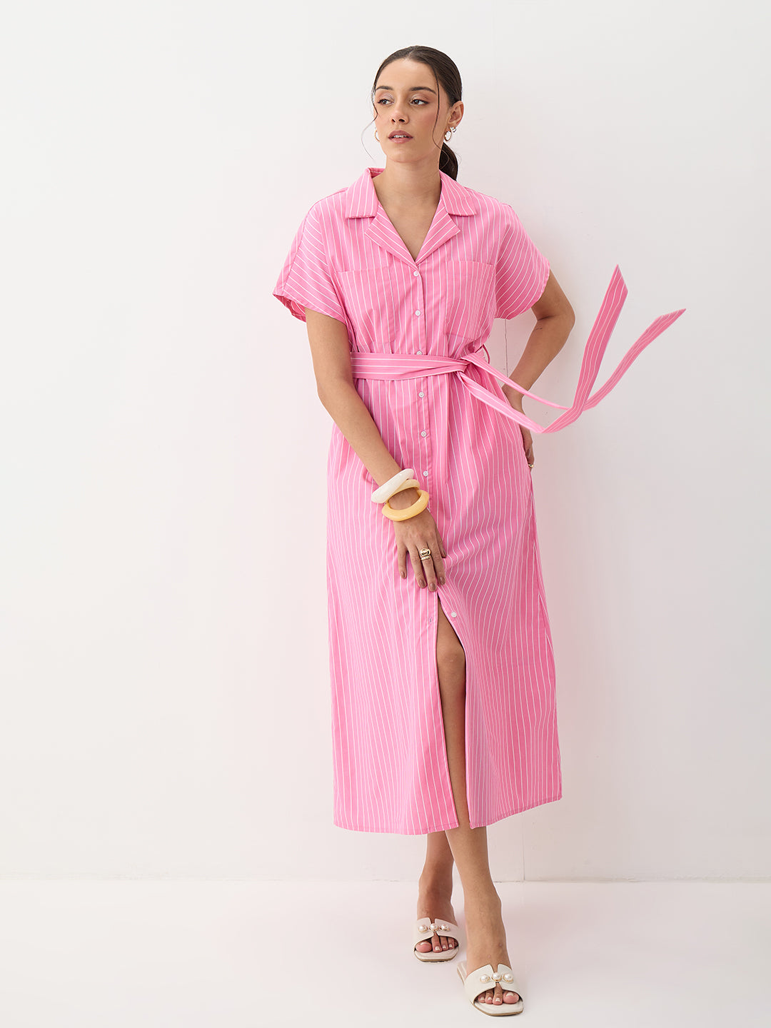 Pink Stripe Button Down Calf Length Dress