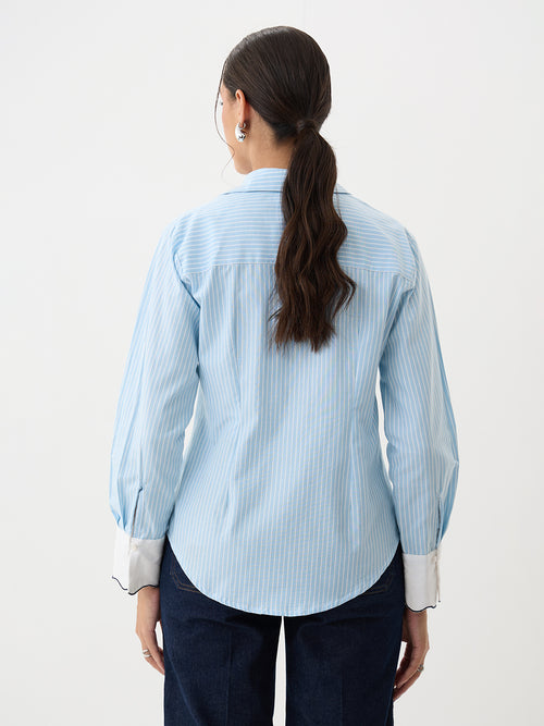 Blue Stripe Colorblock Pleated Shirt