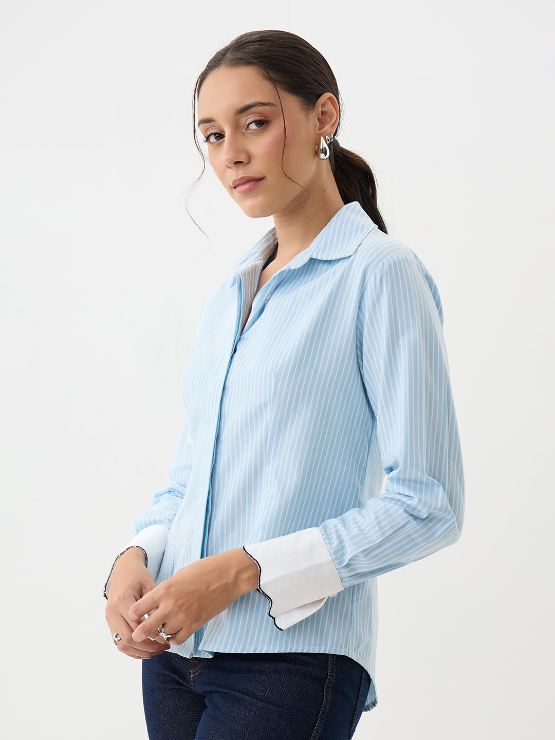 Blue Stripe Colorblock Pleated Shirt