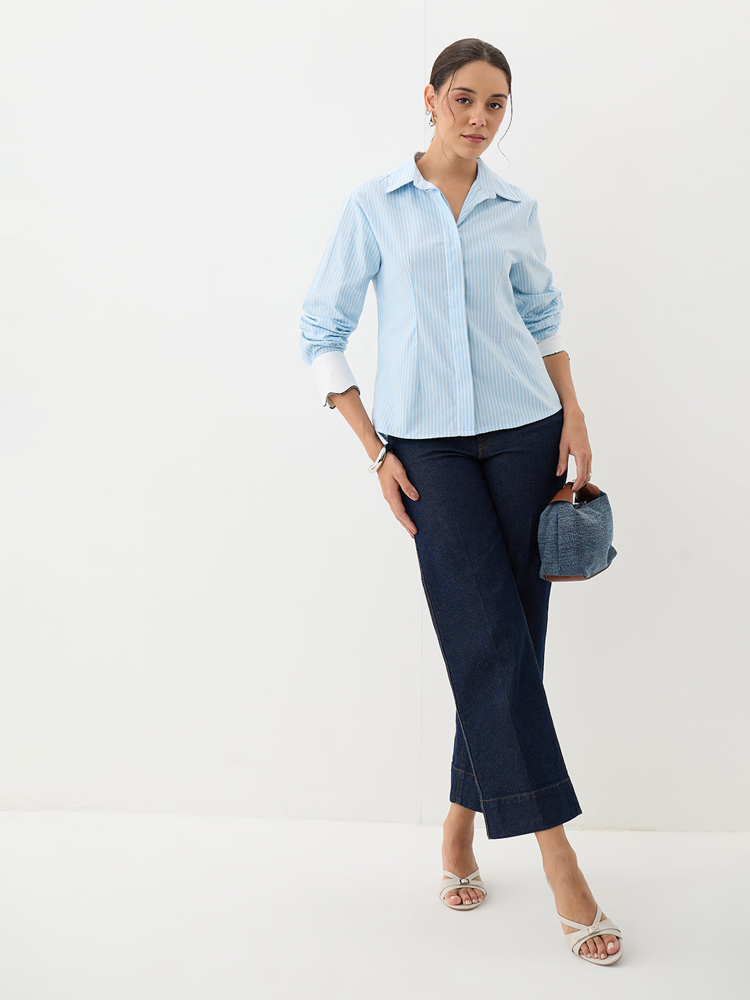 Blue Stripe Colorblock Pleated Shirt
