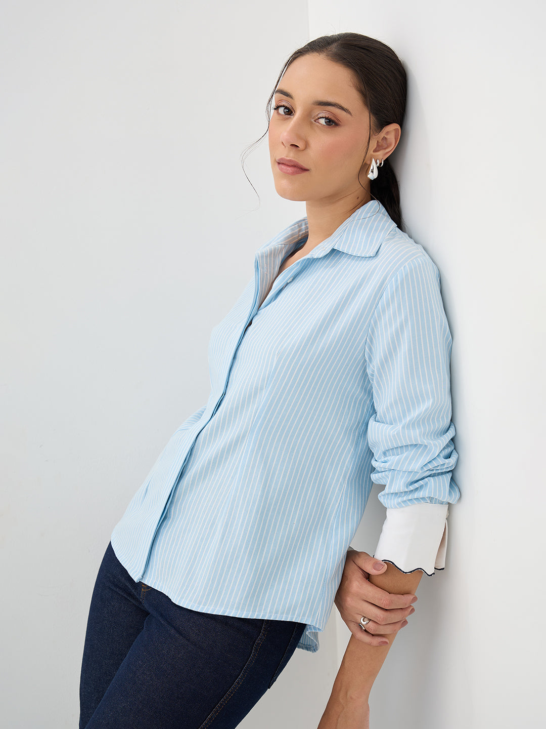Blue Stripe Colorblock Pleated Shirt