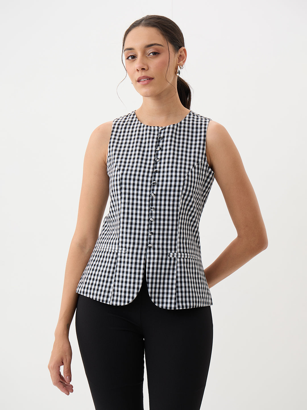 Black Gingham Button Down Vest