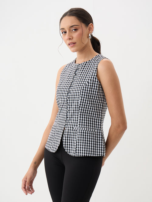 Black Gingham Button Down Vest