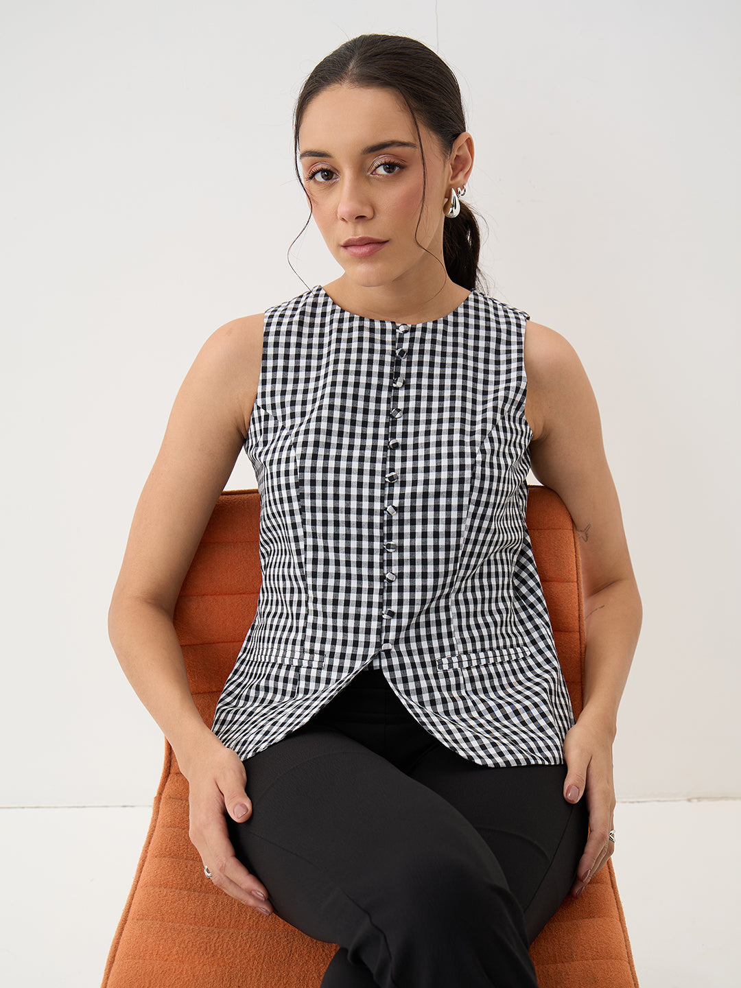 Black Gingham Button Down Vest