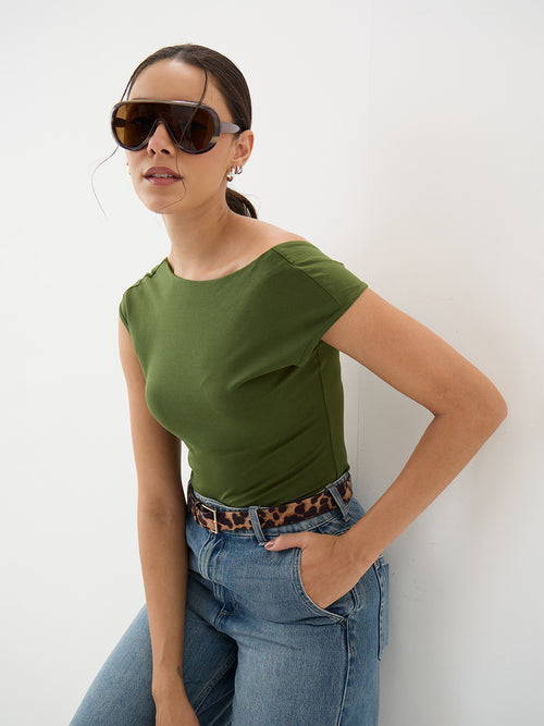 Olive Knit Boat Neck Bodysuit