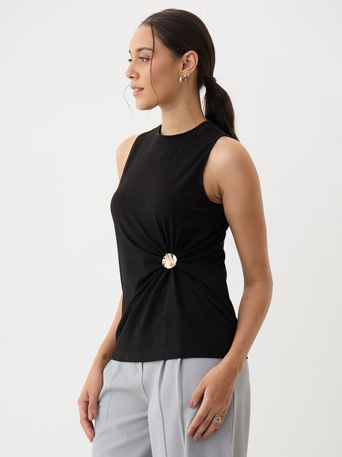 Black Knit Button Detail Top