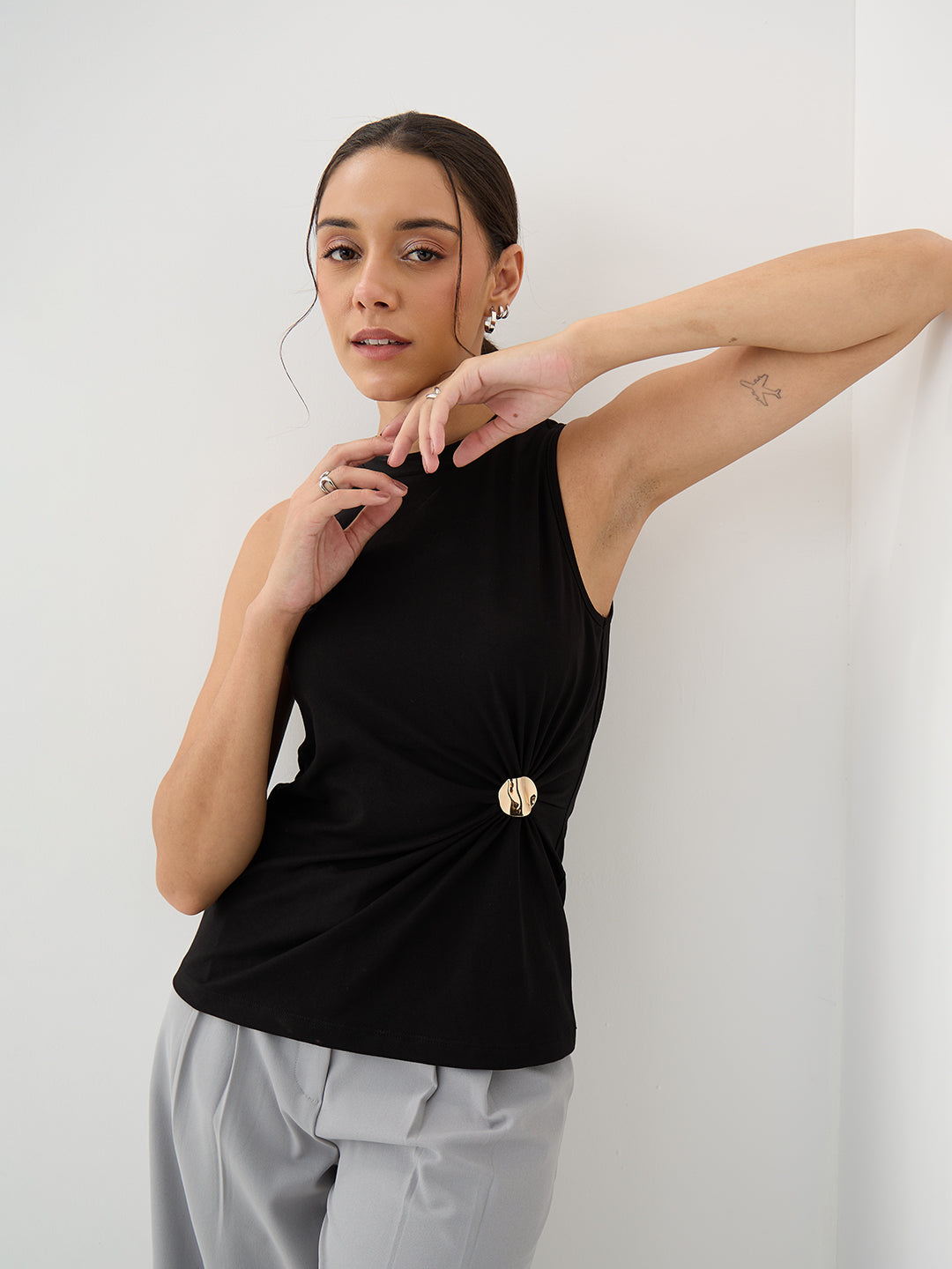 Black Knit Button Detail Top