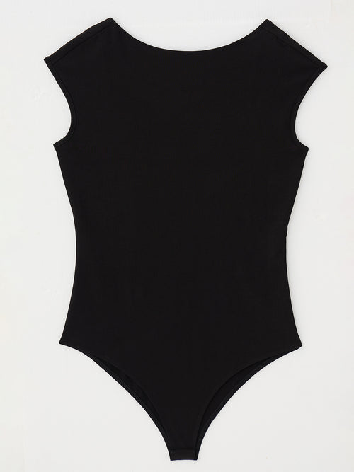Black Knit Boat Neck Bodysuit