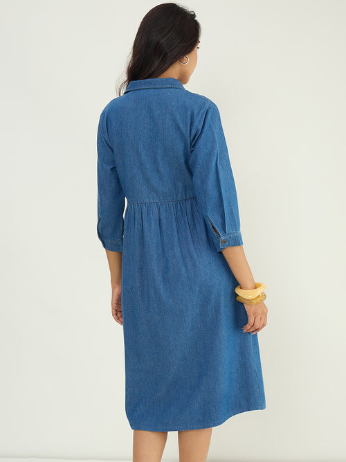 Mid Blue Front Zip Up Denim Midi Dress