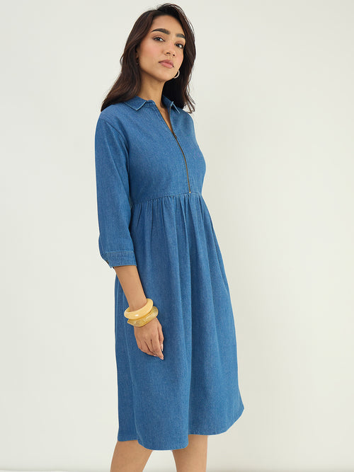 Mid Blue Front Zip Up Denim Midi Dress