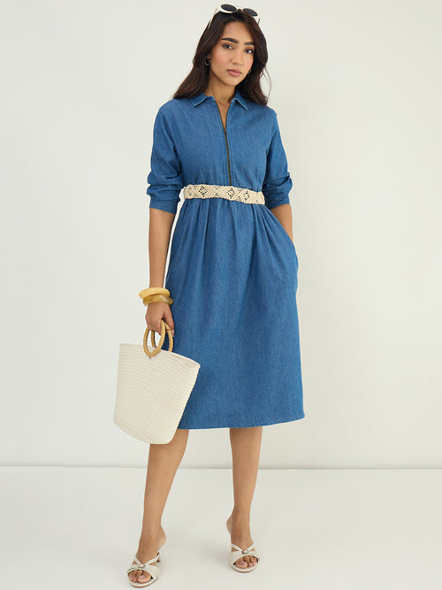 Mid Blue Front Zip Up Denim Midi Dress