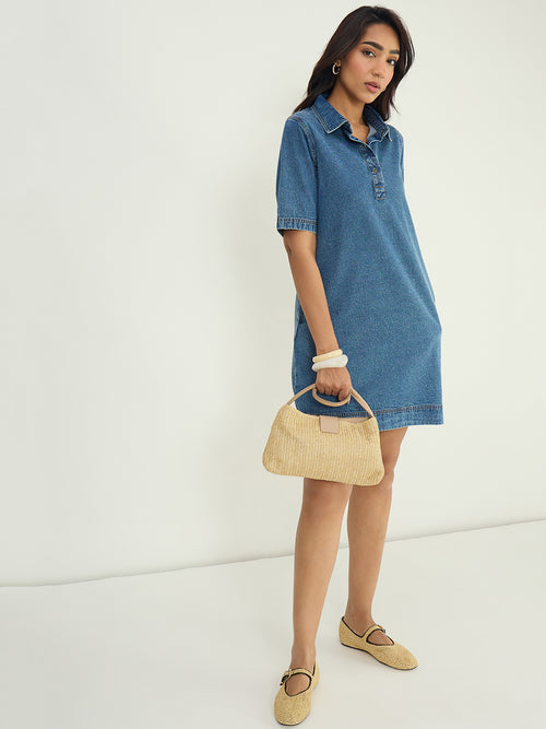 DenimClassic Acid Blue Half Buttoned Mini Dress
