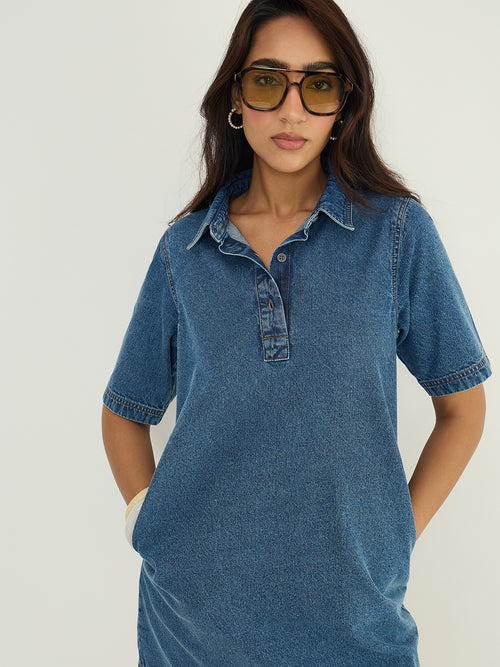 DenimClassic Acid Blue Half Buttoned Mini Dress