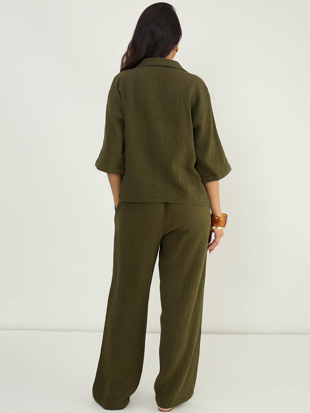 Olive Cotton Gauze Button Down Co-Ord Set