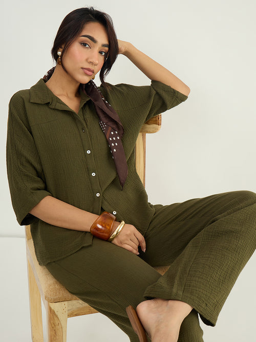 CloudComfort Gauze Olive Ash Shirt Co-ord Set