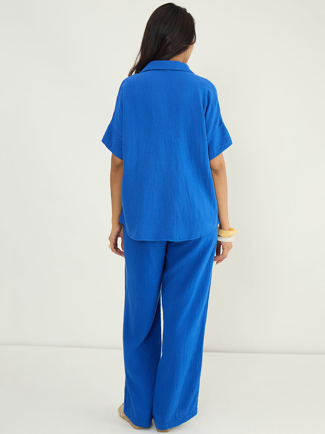 Royal Blue Cotton Gauze Collared Co-Ord Set