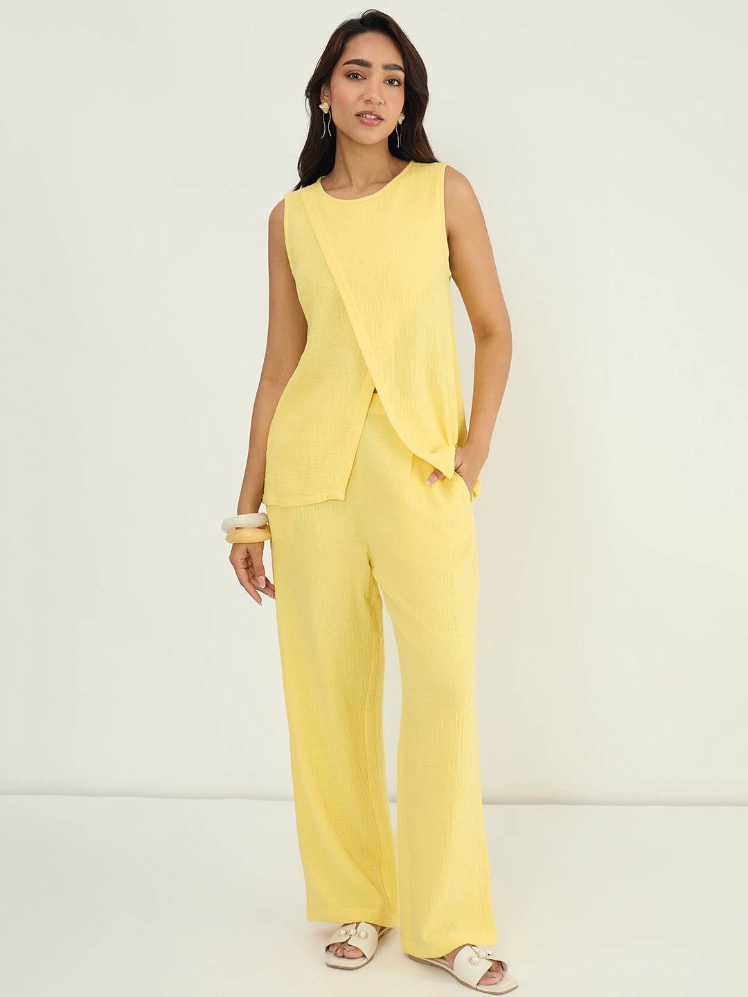 Yellow Cotton Gauze Wrap Detail Co-Ord Set
