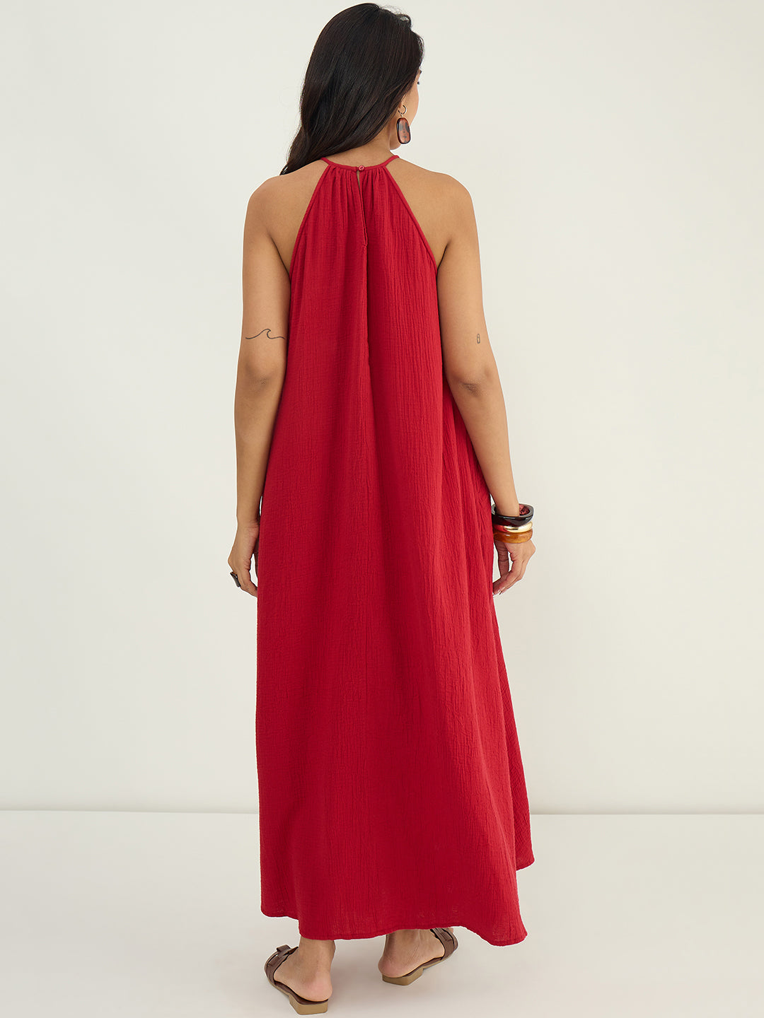 CloudComfort Gauze Red Halter Maxi Dress