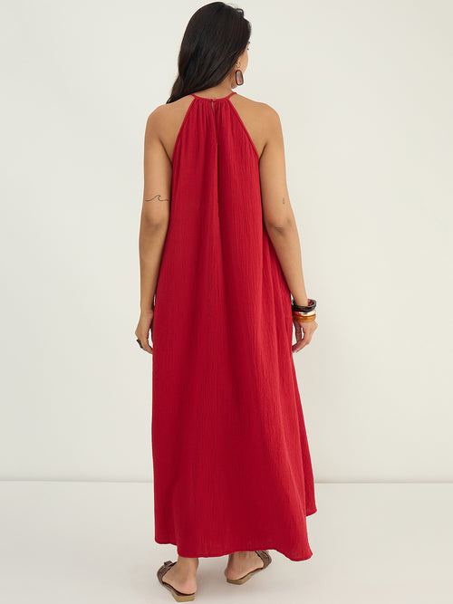 CloudComfort Gauze Red Halter Maxi Dress