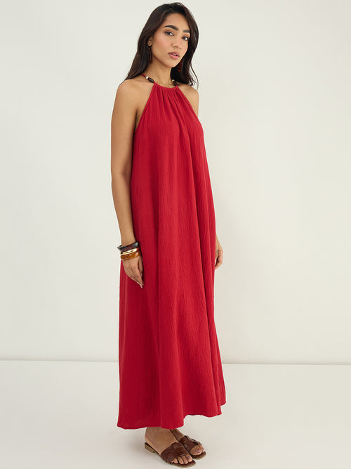 CloudComfort Gauze Red Halter Maxi Dress