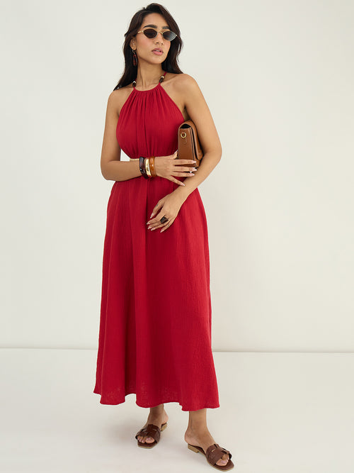 CloudComfort Gauze Red Halter Maxi Dress
