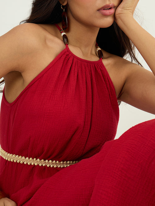 CloudComfort Gauze Red Halter Maxi Dress