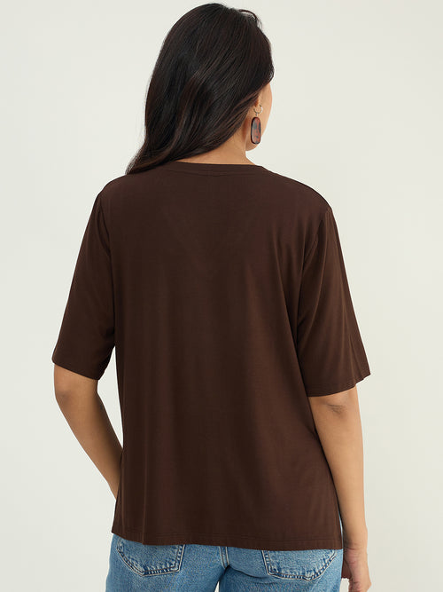 Coffee Brown Relaxed Fit V-Neck T- Shirt