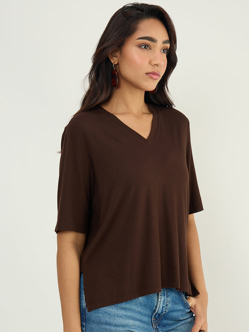 Coffee Brown Relaxed Fit V-Neck T- Shirt