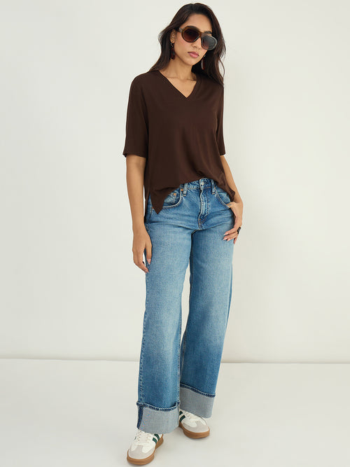 Coffee Brown Relaxed Fit V-Neck T- Shirt
