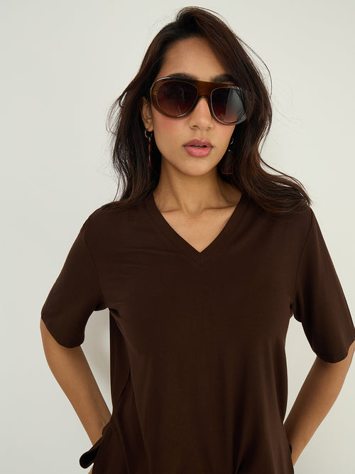 Coffee Brown Relaxed Fit V-Neck T- Shirt