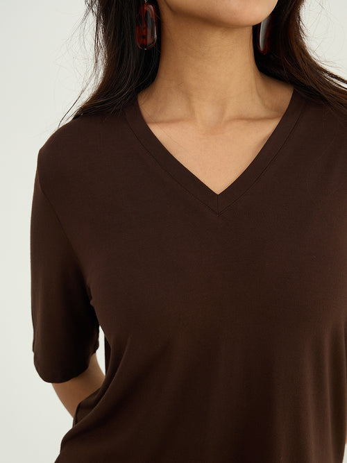 Coffee Brown Relaxed Fit V-Neck T- Shirt