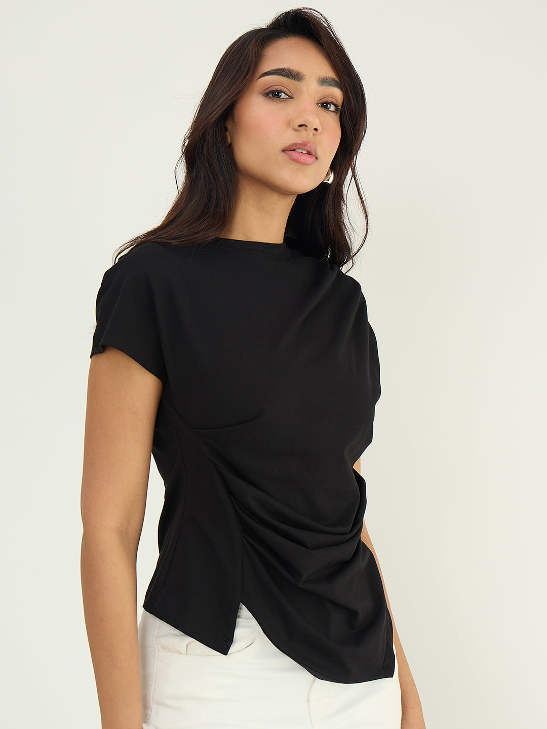 Black Cotton Waist Ruched T Shirt