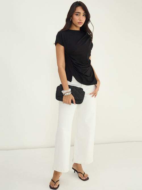 Black Cotton Waist Ruched T Shirt