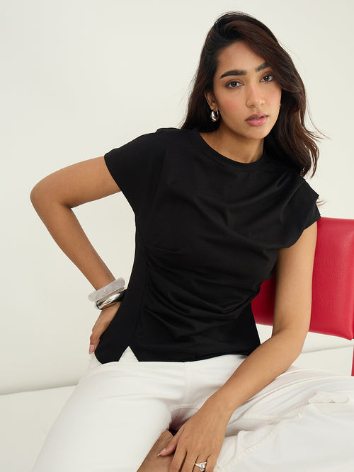 Black Cotton Waist Ruched T Shirt