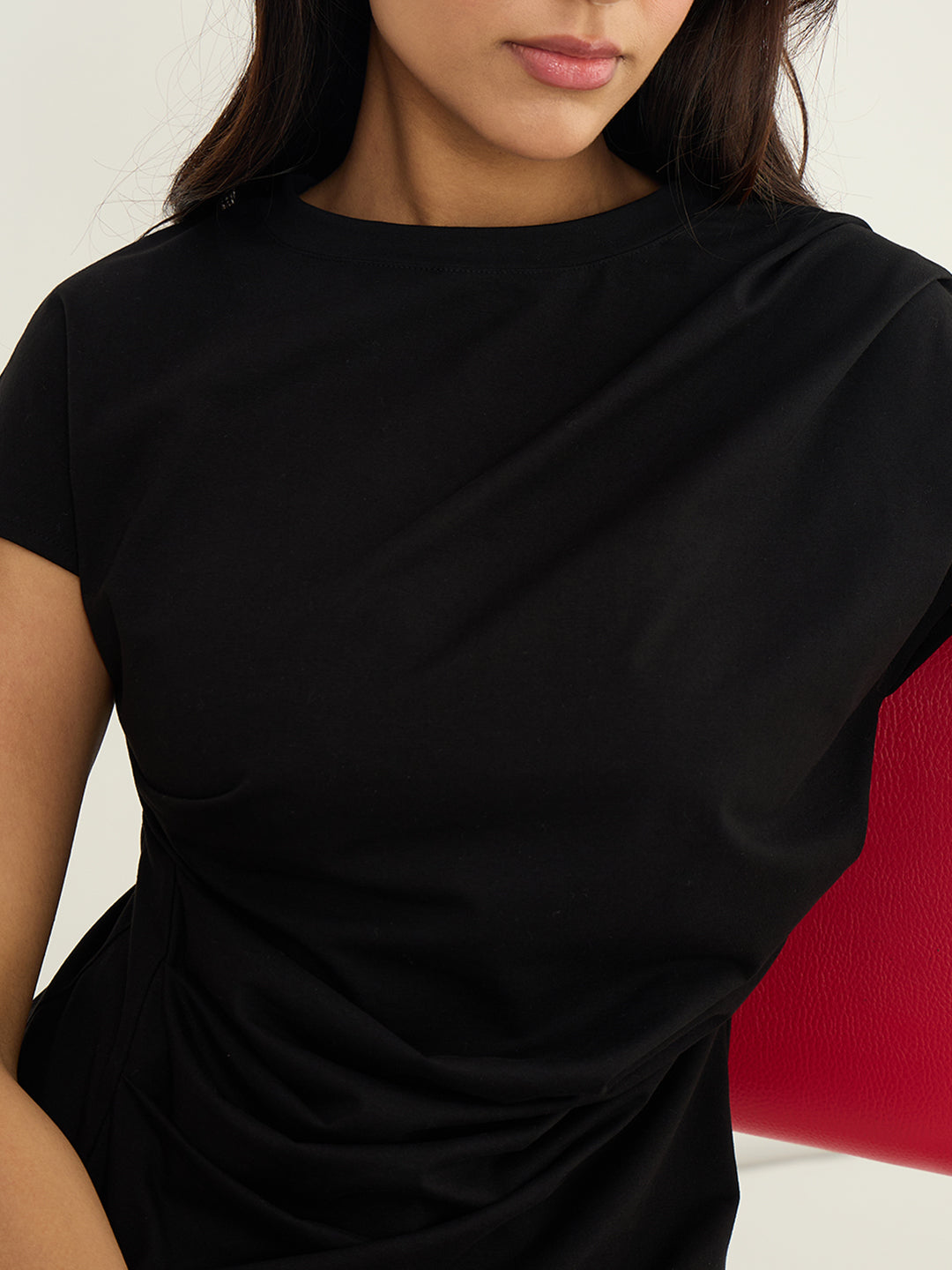Black Cotton Waist Ruched T Shirt