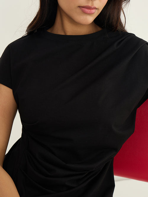 Black Cotton Waist Ruched T Shirt