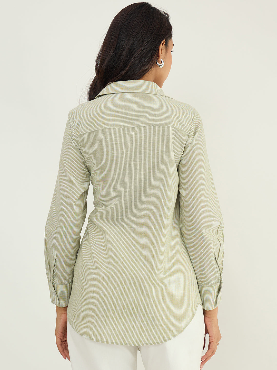 Olive Stripe Cotton Linen Tie-Up Detail Shirt