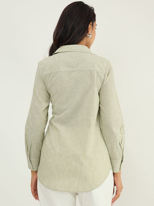 Olive Stripe Cotton Linen Tie-Up Detail Shirt