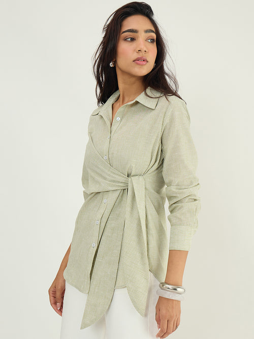 Olive Stripe Cotton Linen Tie-Up Detail Shirt