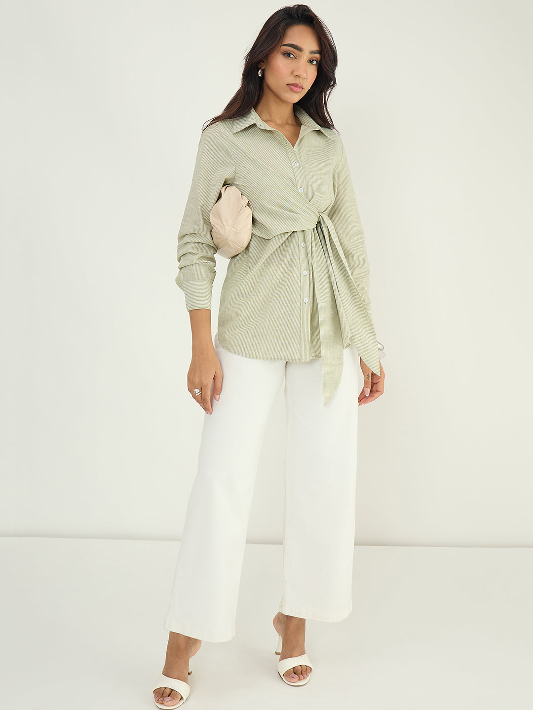 Olive Stripe Cotton Linen Tie-Up Detail Shirt