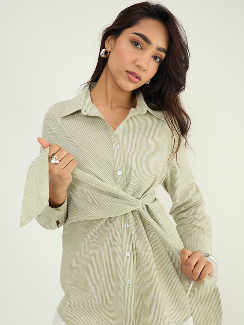 Olive Stripe Cotton Linen Tie-Up Detail Shirt