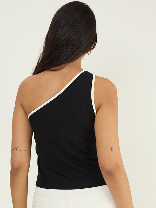 Black One Shoulder Contrast Edge Top