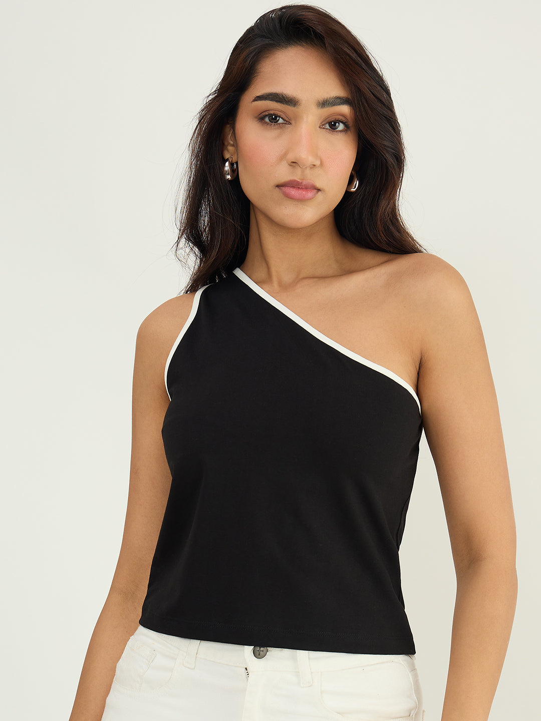 Black One Shoulder Contrast Edge Top