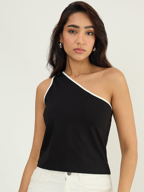 Black One Shoulder Contrast Edge Top