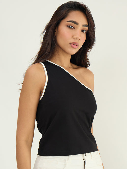 Black One Shoulder Contrast Edge Top