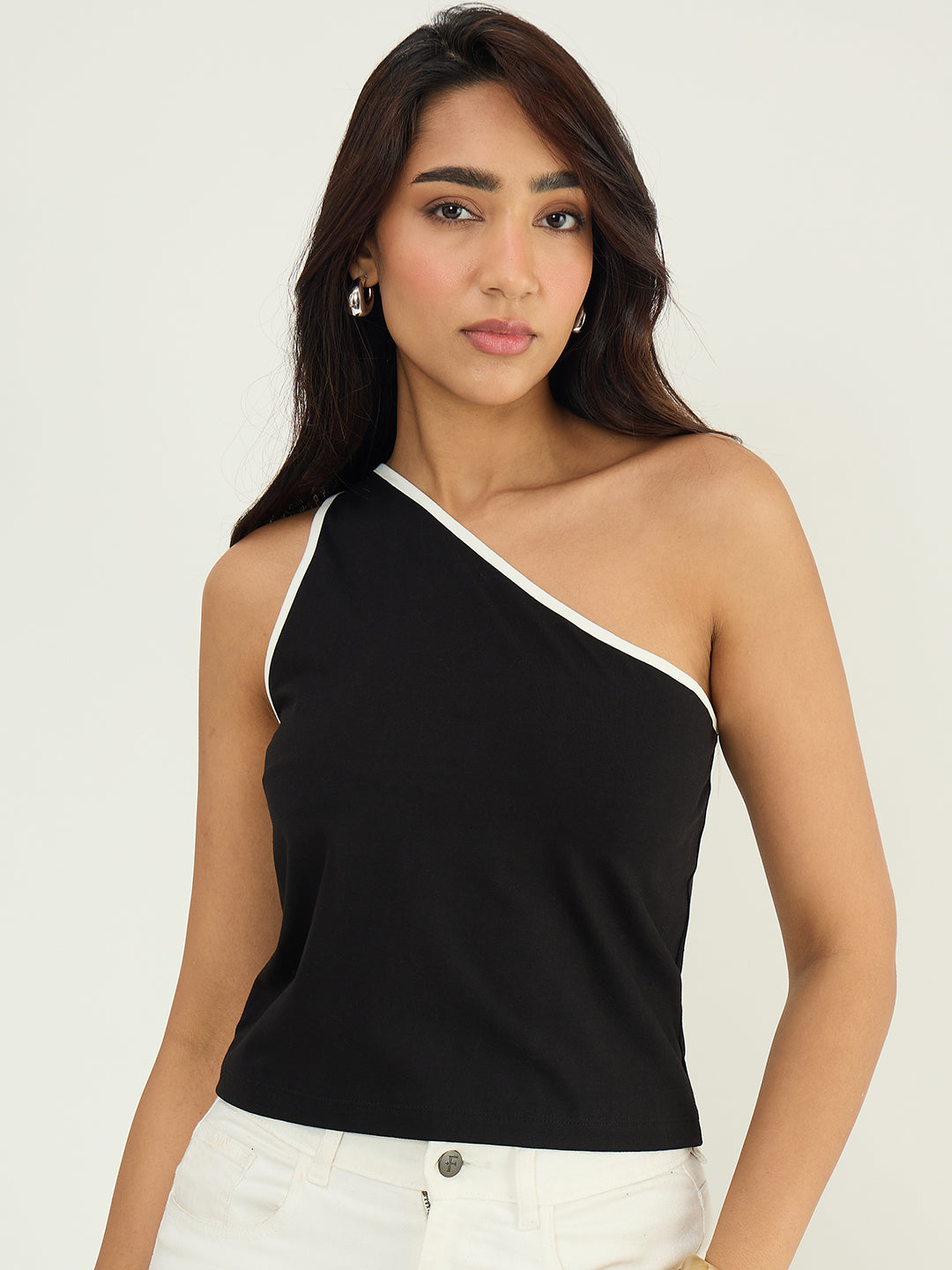 Black One Shoulder Contrast Edge Top